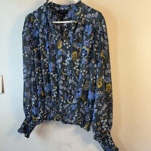 RACHEL ZOE Green and purple Floral Smocked Waist Blouson Blouse Size M. EUC.